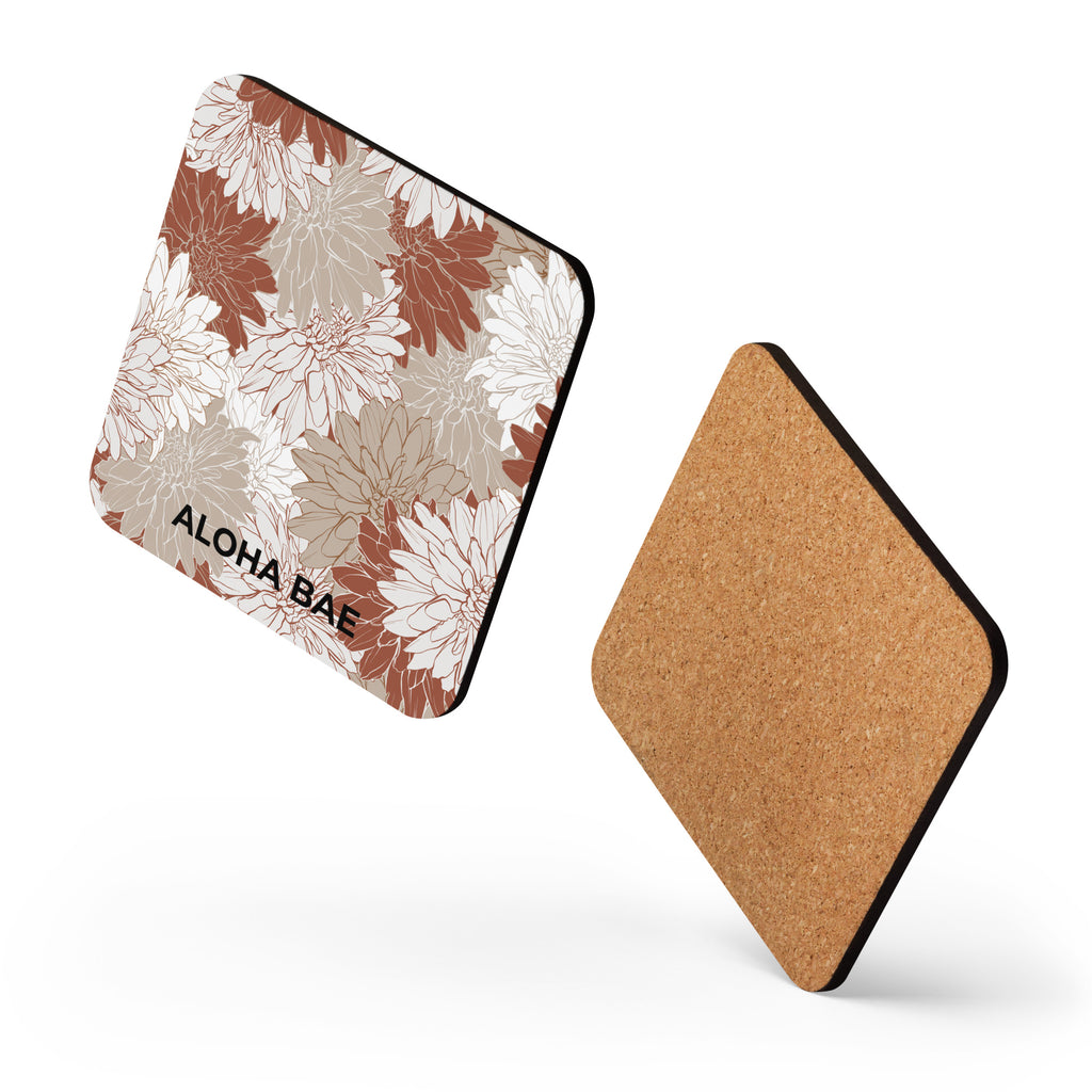 Aohabae red floral cork-back drink coaster with vibrant floral design and cork bottom, ideal for protecting surfaces from drinks.