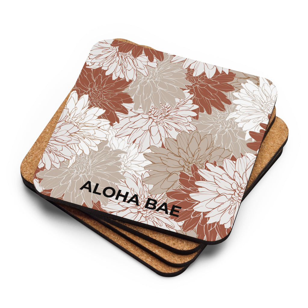 Alohabae red floral cork-back drink coaster with vibrant floral design on cork surface for protecting tabletops.