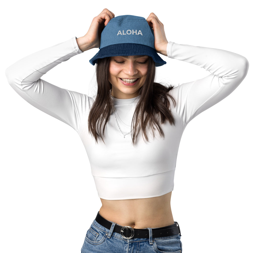Aloha Embroidered Denim Bucket Hat-Hat-alohabae