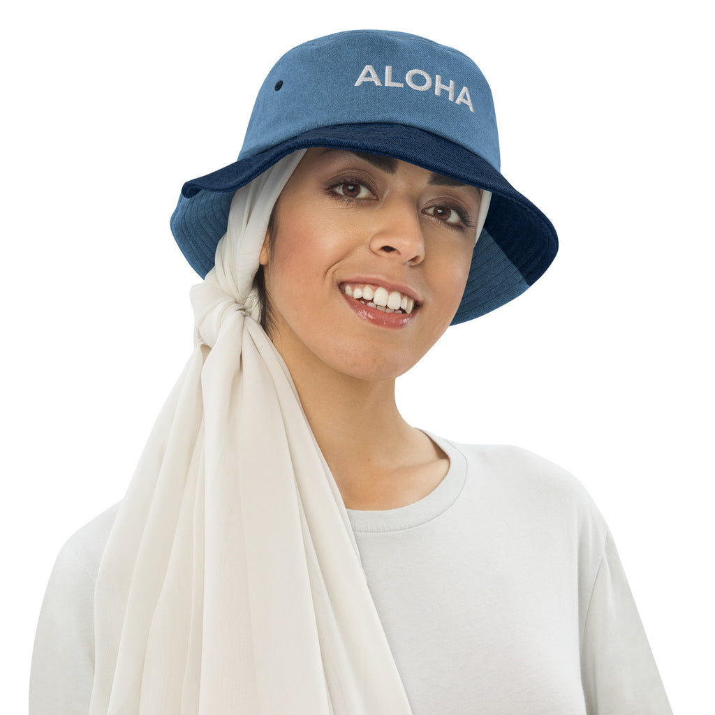 Aloha Embroidered Denim Bucket Hat-Hat-alohabae