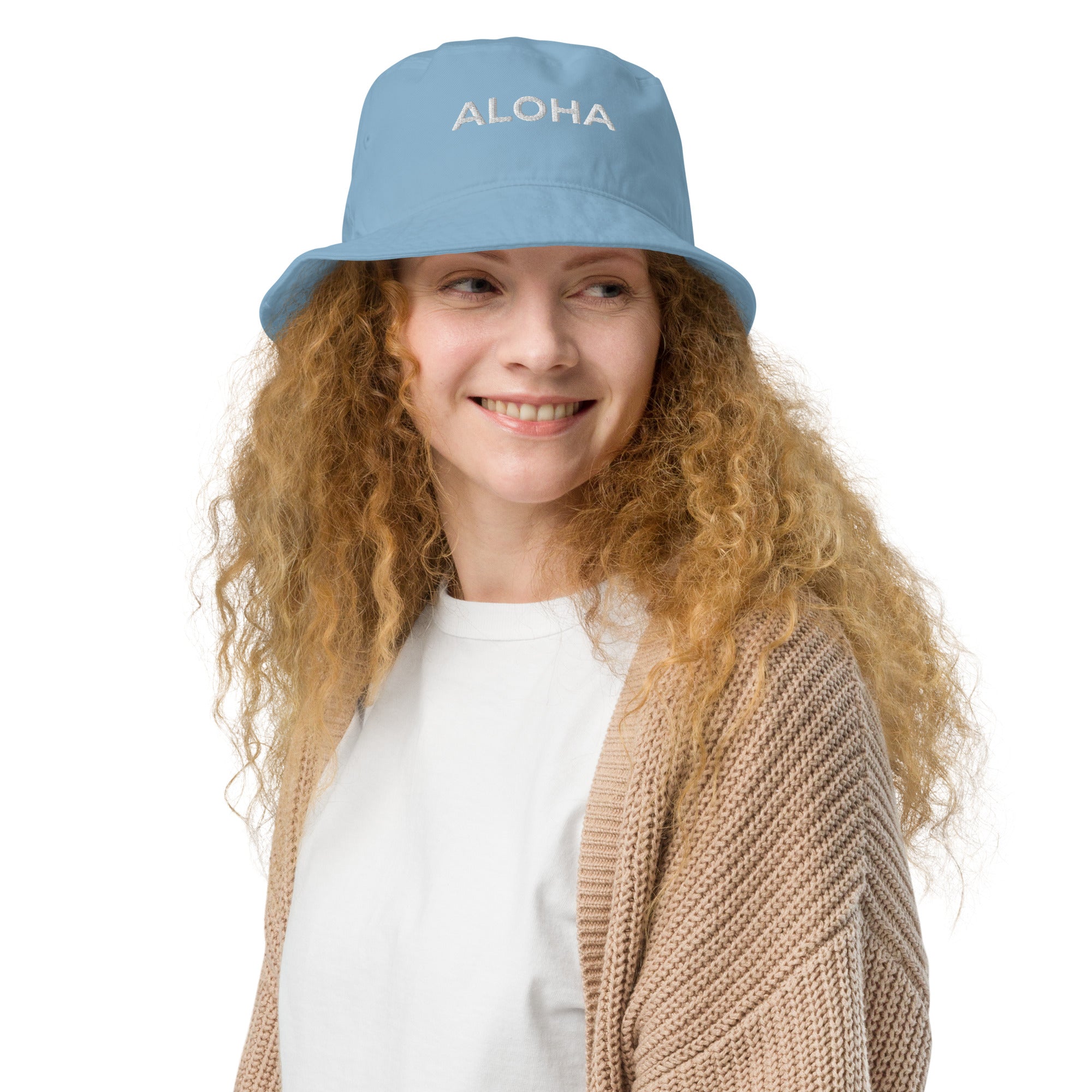 Aloha Embroidered Organic Bucket Hat White Logo-Hat-alohabae