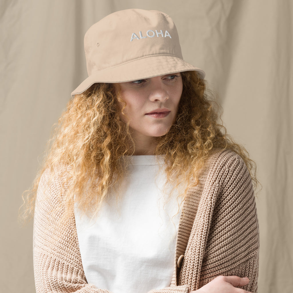 Aloha Embroidered Organic Bucket Hat White Logo-Hat-alohabae