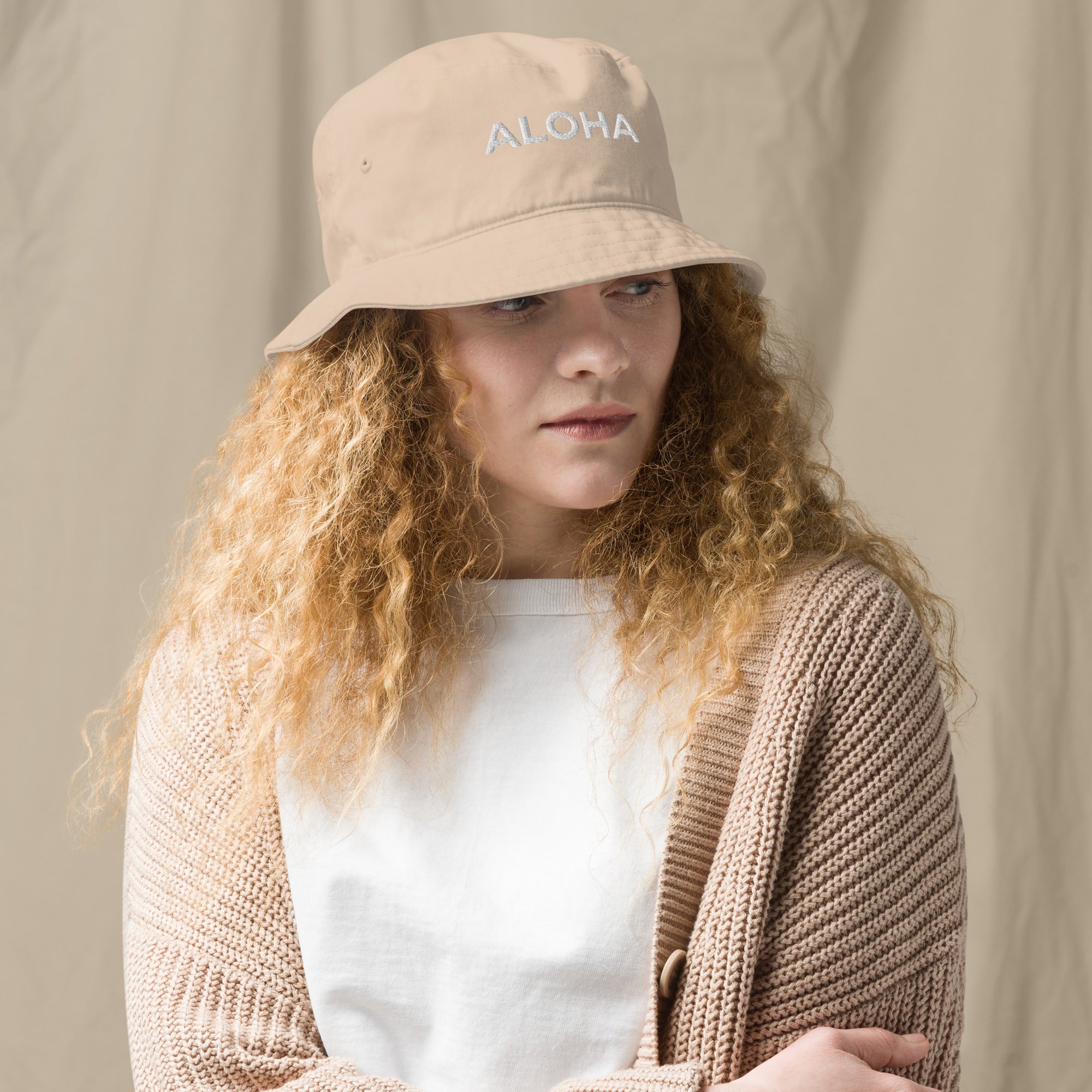 Aloha Embroidered Organic Bucket Hat White Logo-Hat-alohabae