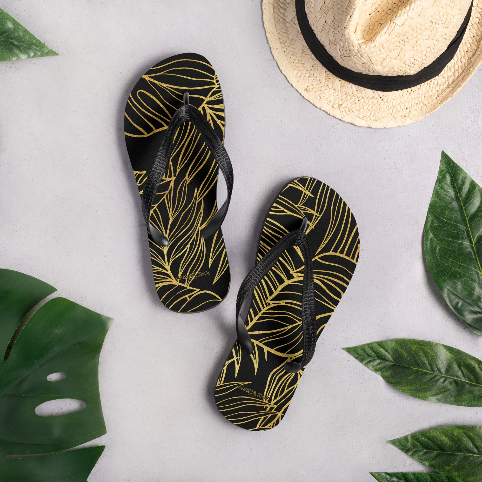 Black Gold Monstera Slippers-Sandals-alohabae