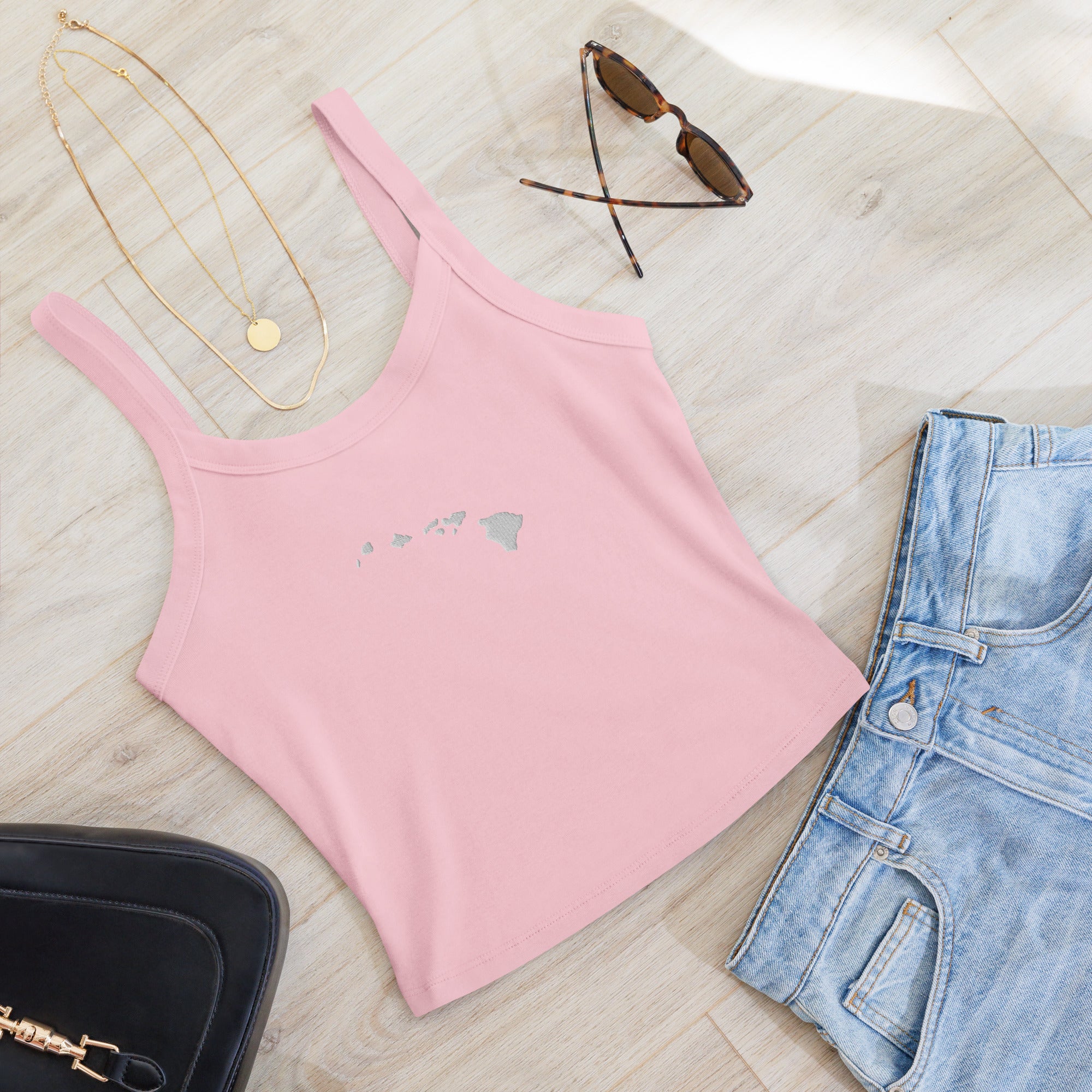 Hawaiian Islands Embroidered Rib Tank Top White-Tank Top-alohabae
