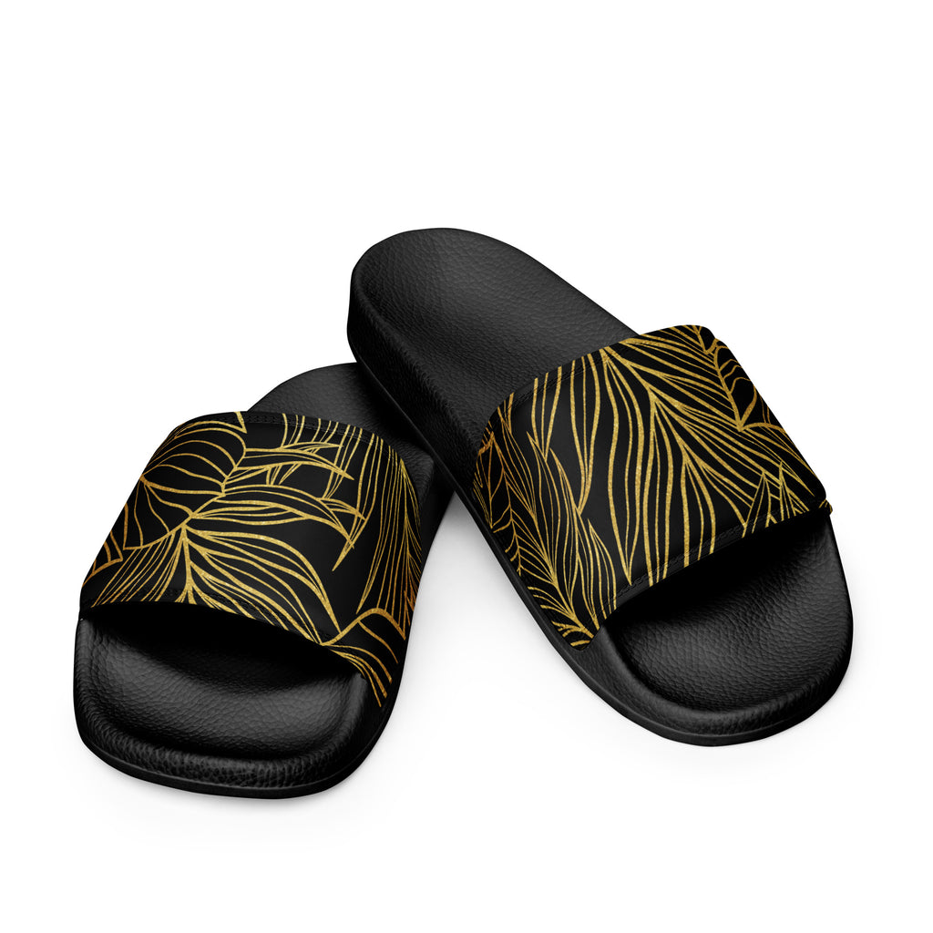 Black Gold Monstera Soft Contour Women's Slides-Sandals-alohabae