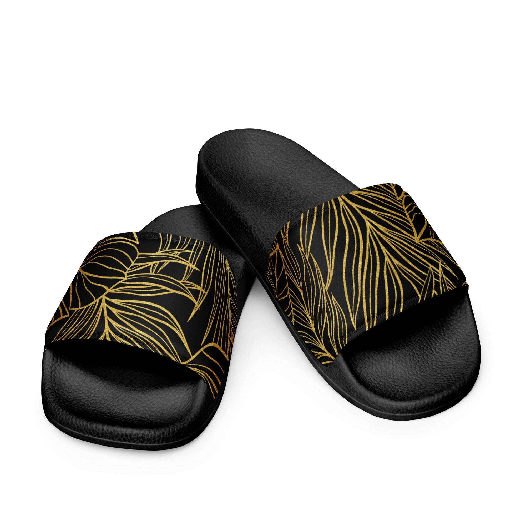 Black Gold Monstera Soft Contour Women's Slides-Sandals-alohabae
