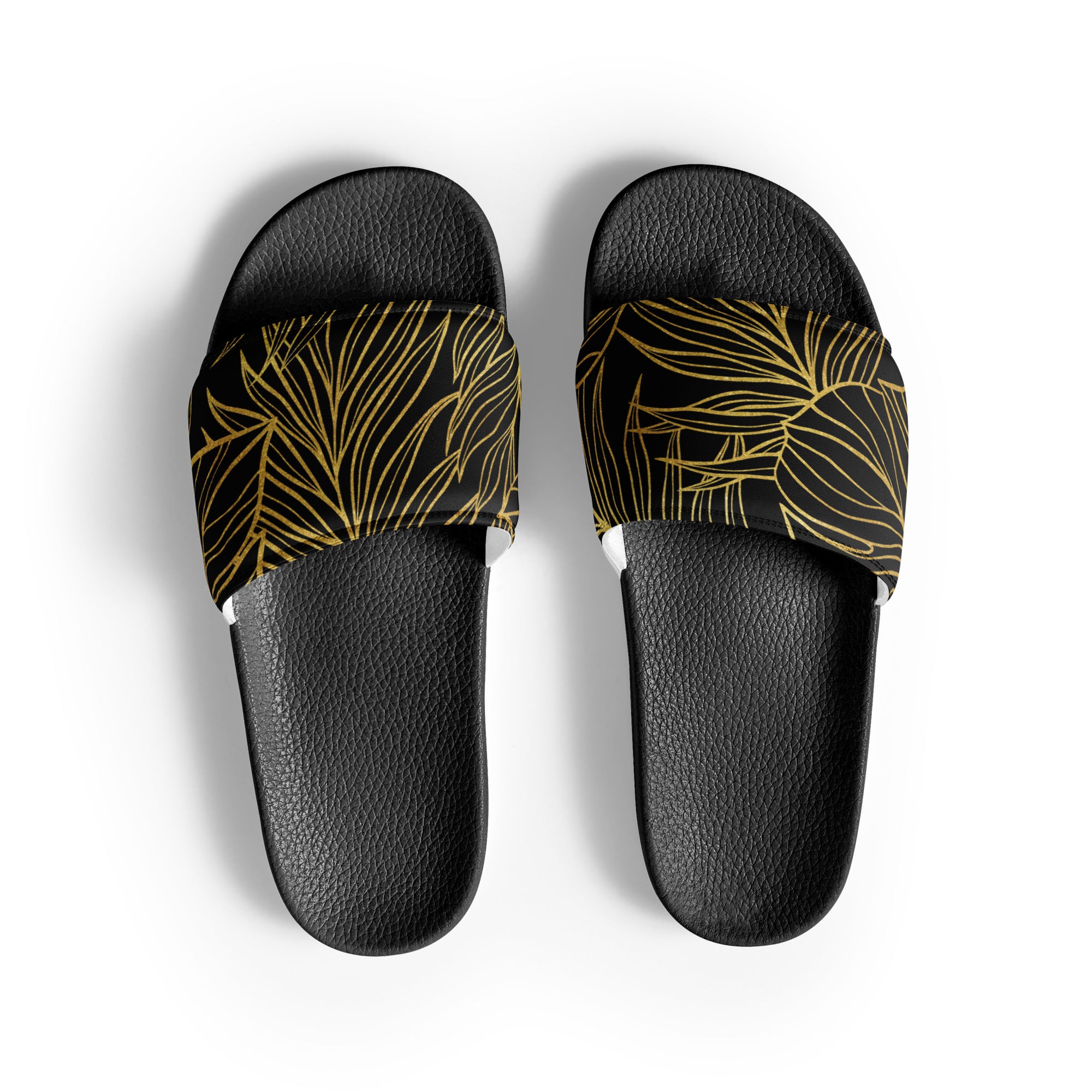 Black Gold Monstera Soft Contour Women's Slides-Sandals-alohabae