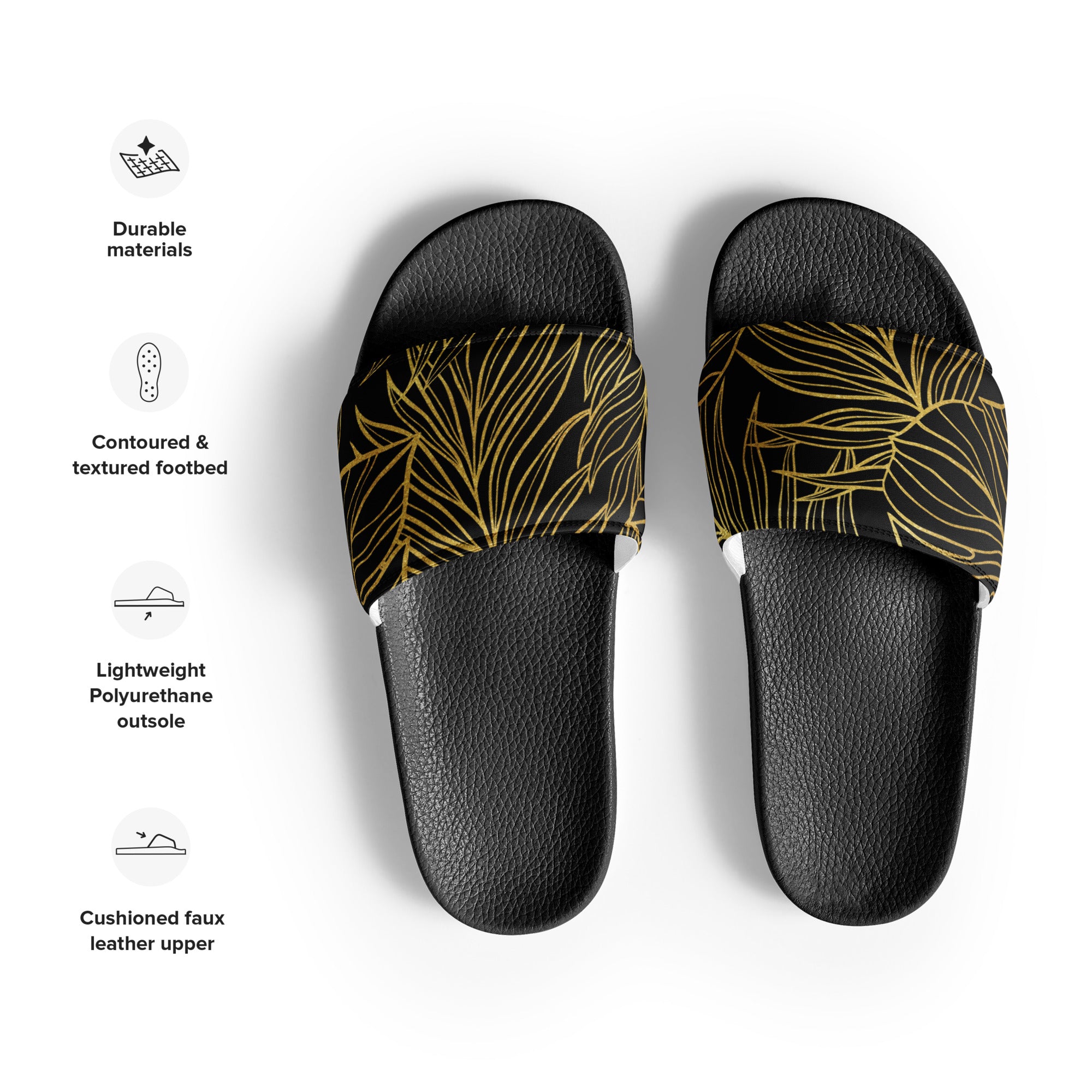 Black Gold Monstera Soft Contour Women's Slides-Sandals-alohabae