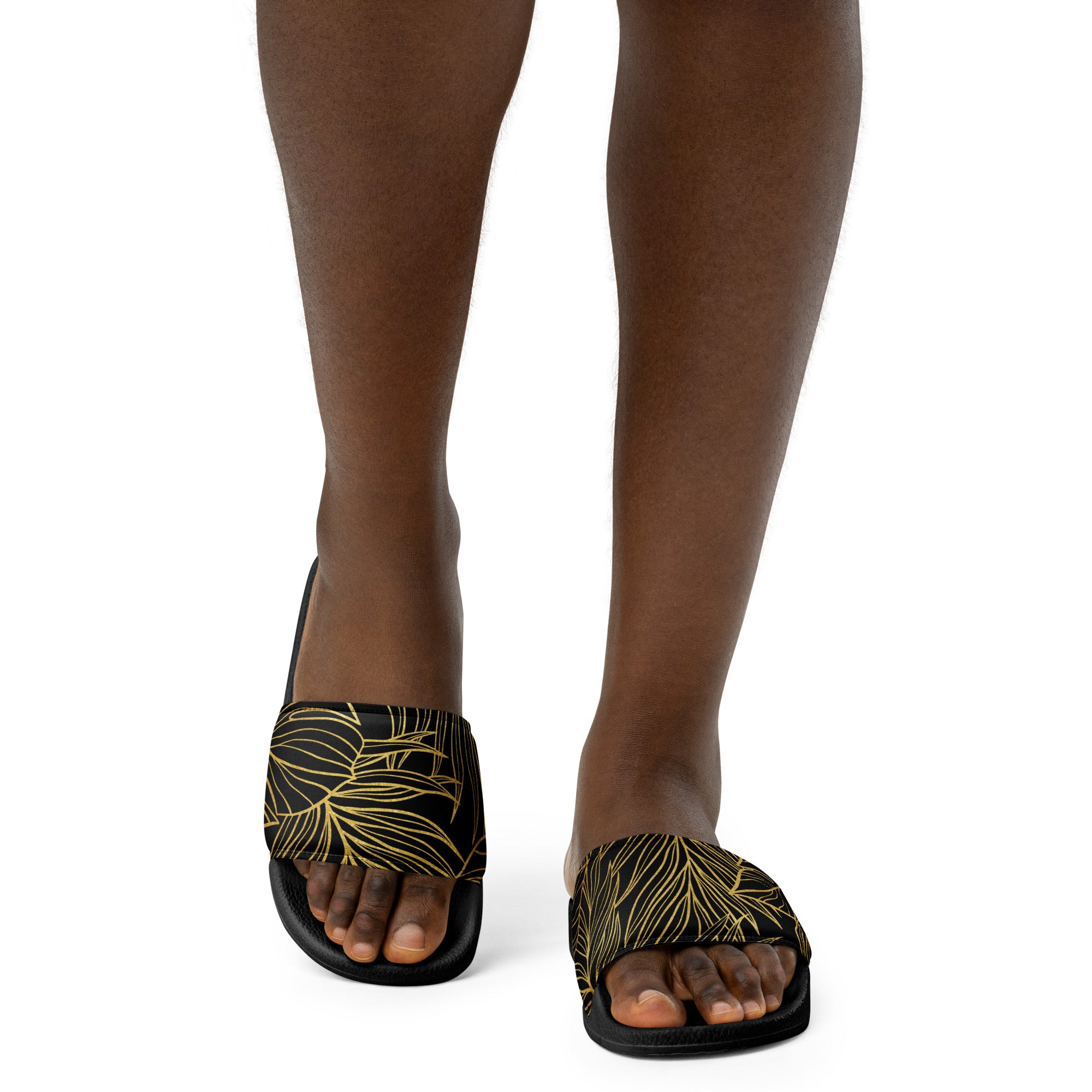 Black Gold Monstera Soft Contour Women's Slides-Sandals-alohabae