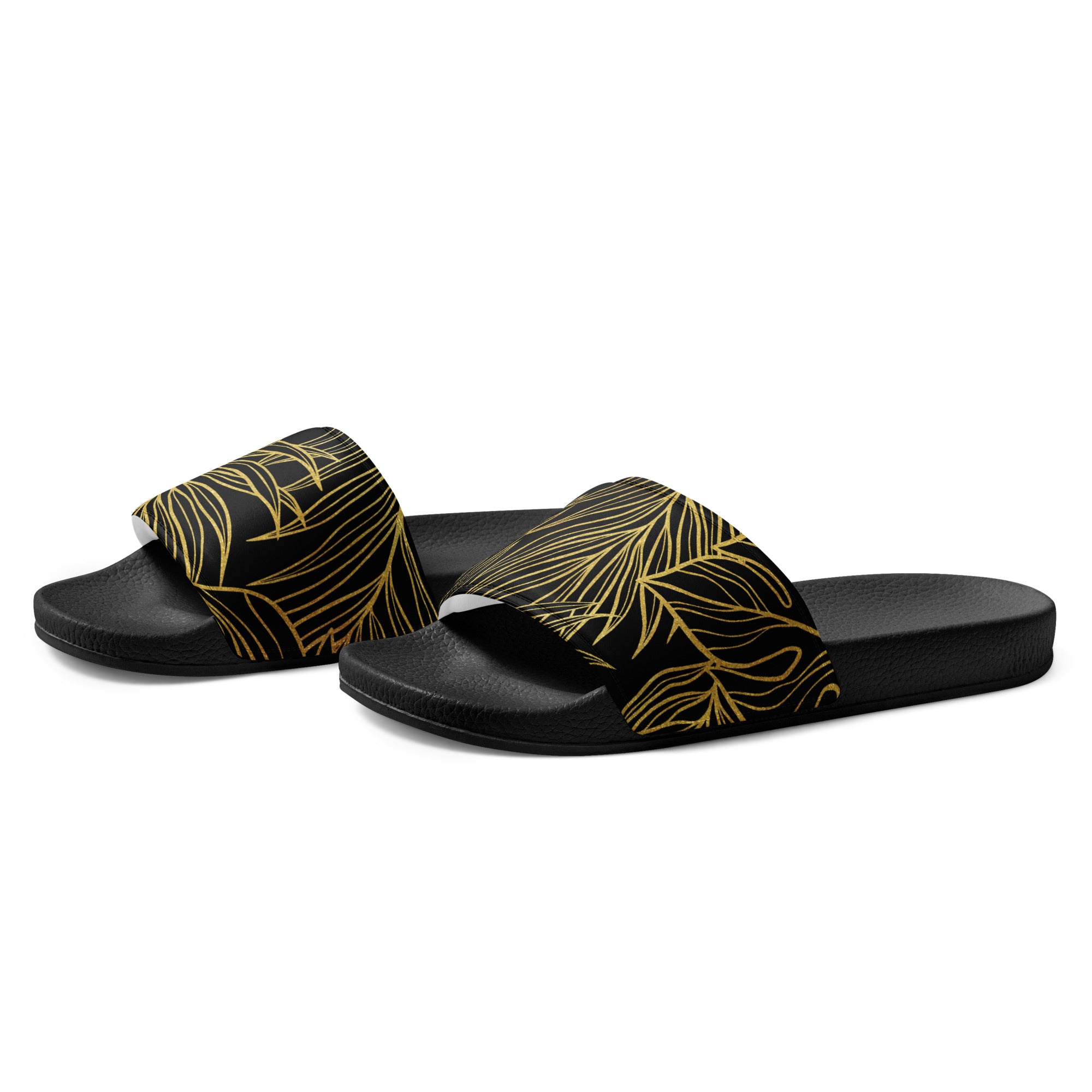 Black Gold Monstera Soft Contour Women's Slides-Sandals-alohabae