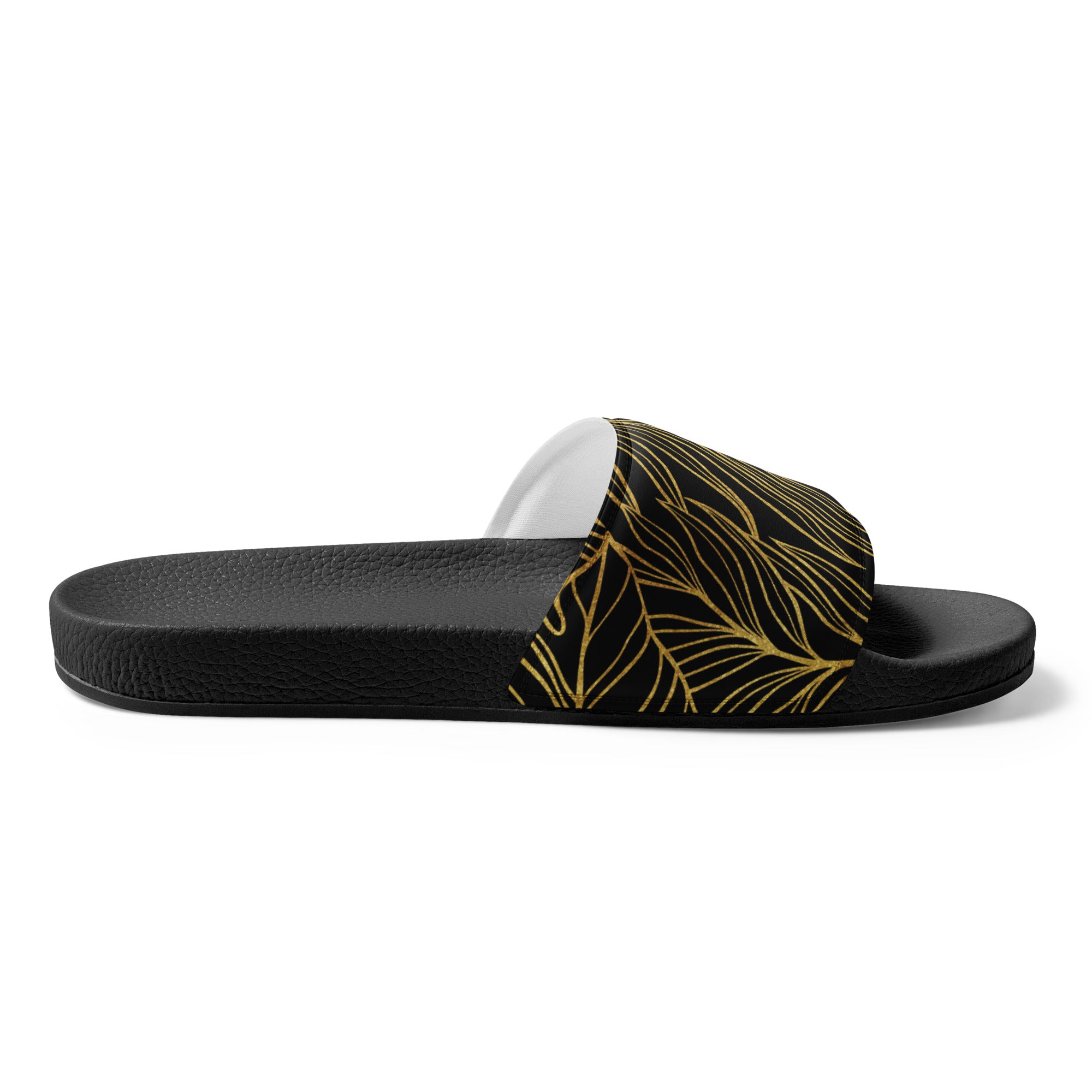 Black Gold Monstera Soft Contour Women's Slides-Sandals-alohabae