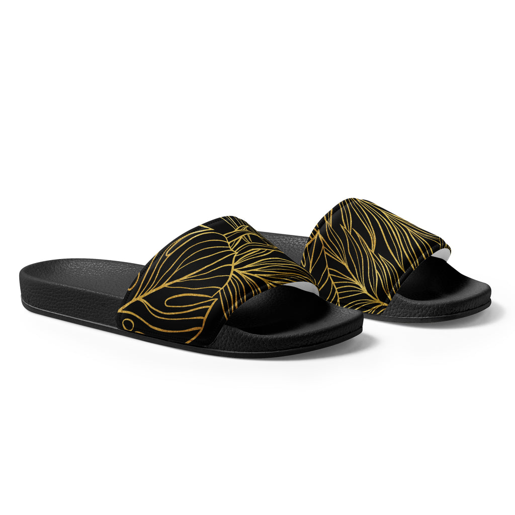 Black Gold Monstera Soft Contour Women's Slides-Sandals-alohabae